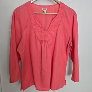 BASS Women's Coral Linen/Cotton Blend 3/4 Length Sleeves Vneck Top Size L